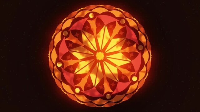 Intricate Orange Fractal Sphere on Black Background, Colorful Mandala, A vibrant orange fractal pattern forming a spherical shape against a dark background.