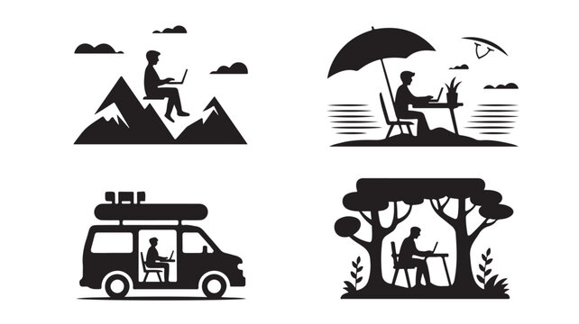 Silhouette of man working on laptop in various remote locations for business travel concepts