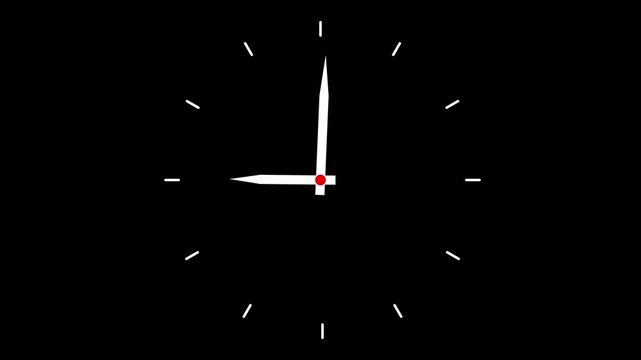 Clock spinning, watch animation on white background with alpha channel. Clock icon flat style. 12 hours clock dial , on Black Background and features 4k Animation video