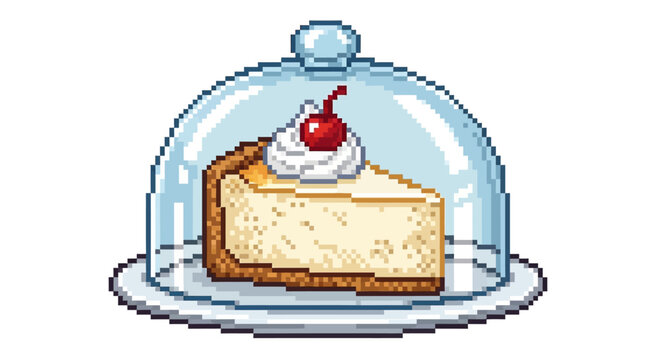 Pixel Art Slice of Cheesecake Under Glass Dome.