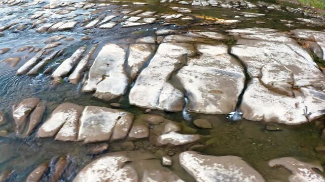 Fly over river rapids, realtime drone video