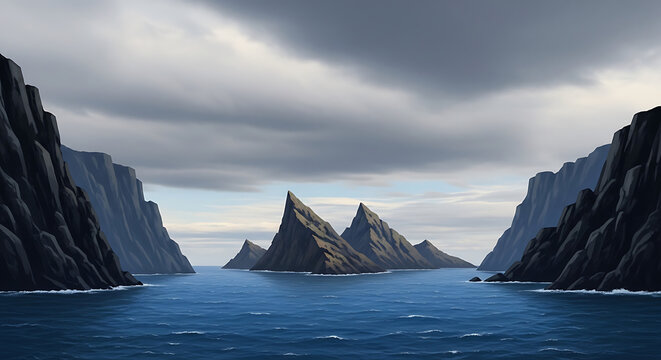 Dramatic sea stacks rise from choppy blue ocean waters, framed by dark, imposing cliffs under a cloudy sky, evoking a sense of rugged, untamed nature