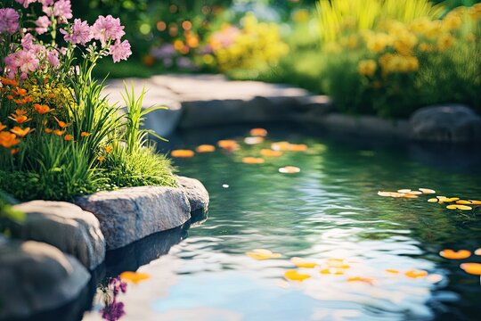 A serene nature scene with a small pond and colorful flowers, symbolizing tranquility and exploration. 