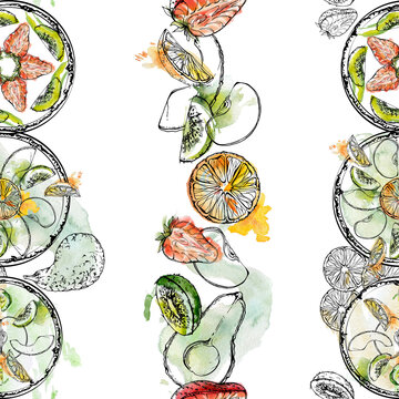 Avocado slices, citrus wheels, strawberry green detox smoothie bowls topped with kiwi, apple and cucumber, fruit berry garnish mix. Seamless pattern hand drawn in juicy watercolor bleeds, ink line.