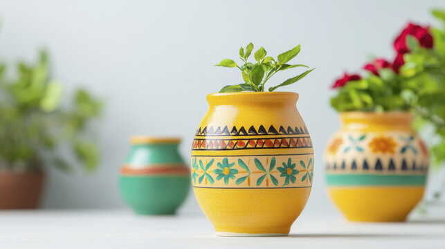 Handcrafted ceramic vase with vibrant colors and floral patterns, showcasing small plant, evokes cheerful atmosphere