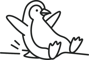 Funny cartoon penguin sliding and having fun on ice, joyful and playful arctic bird, simple line drawing. © Sadhin
