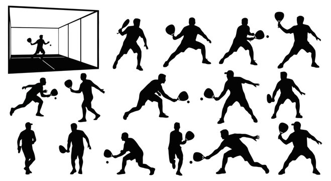 Black silhouettes of people playing racquetball.
