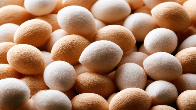 Abundant pile of natural silkworm cocoons in white and golden hues, raw material for silk.