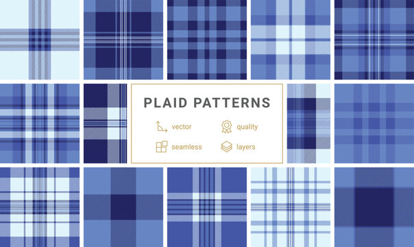 A sophisticated blue plaid pattern featuring intersecting navy and sky blue stripes. This classic tartan design is perfect for textile textures, fashion apparel, and digital branding.