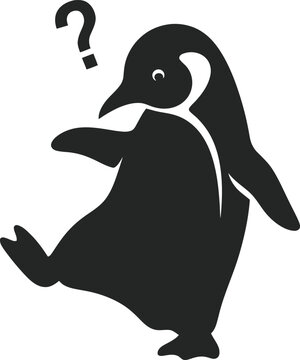 Penguin looking confused with question mark above head, funny bird character wondering, uncertainty, doubt, curious, lost, comical, silly.