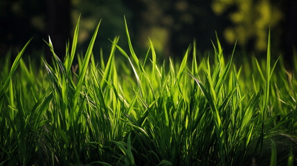 Obraz premium Green grass macro texture with sunlight natural background