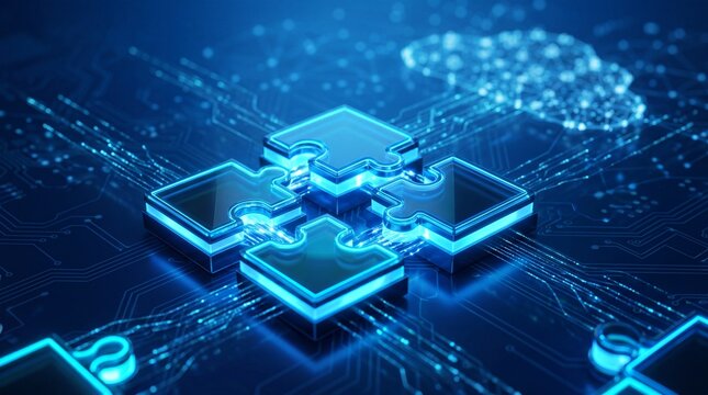 Close-up of glowing blue puzzle pieces connected with digital circuits.