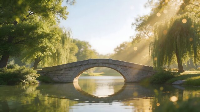 Stone bridge over calm water with trees