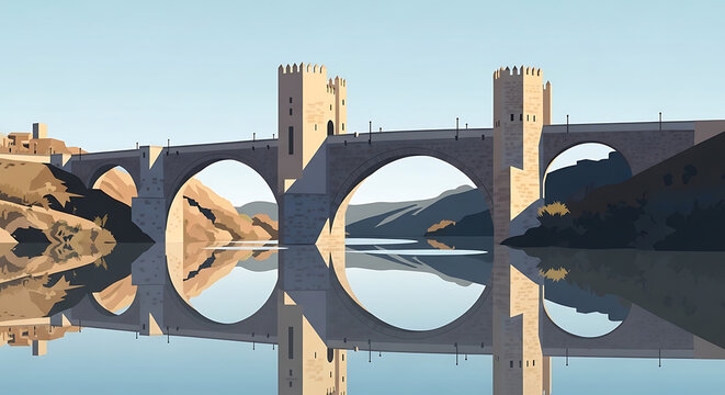 Pixel art of an old stone bridge with towers reflecting in calm water under a clear sky, medieval architecture, tranquil landscape