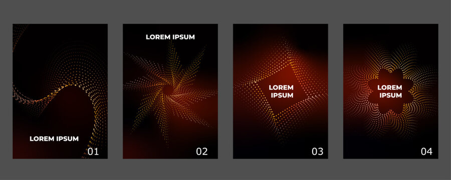 Modern glowing halftone particle posters set with starburst shapes dynamic waves and radial light patterns in dark background