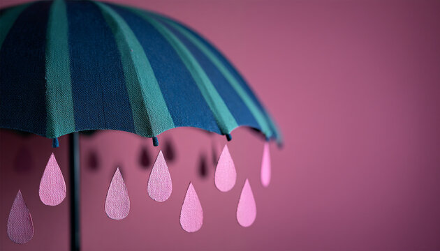 Contemporary art. collage. Two hands reaching towards each other under floating pink umbrella with raindrops above on yellow background. Concept of help and support each other, connection, safety.