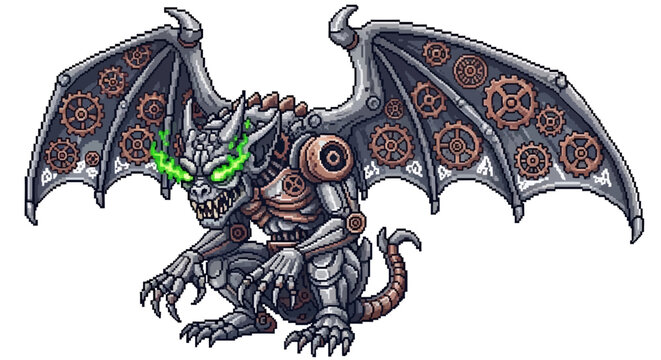 Steampunk Gargoyle Creature Mechanical Wings Glowing Eyes.