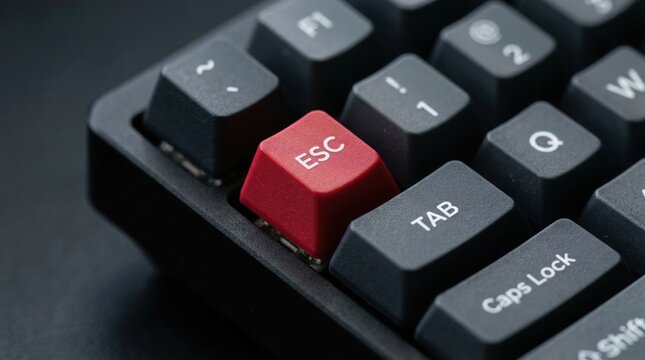 Red escape key on a black mechanical computer keyboard highlighting a unique custom keycap detail for tech enthusiasts and modern office computing productivity