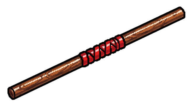 Wooden Staff with Red Wrapped Grip Illustration.