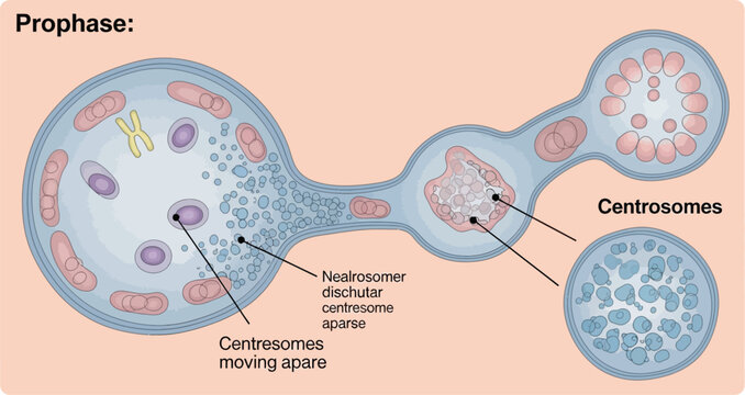 Prophase stage diagram illustrates the cellular process where chromosomes condense and centrosomes begin moving apart.