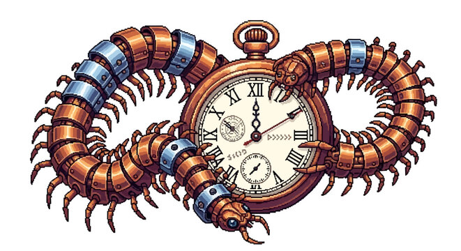 Steampunk Centipede Creature Embracing Vintage Pocket Watch.