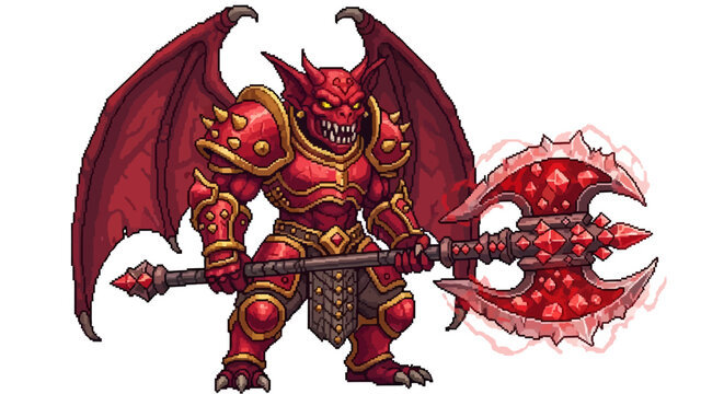 Fierce Red Demon Warrior with Spiked Axe and Wings.