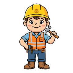 Fototapeta premium Young boy wearing hard hat and holding hammer in construction outfit 