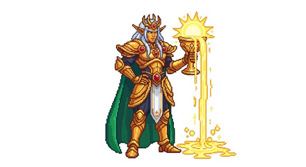 Obraz premium Pixel Art Golden Knight Holding Glowing Chalice.