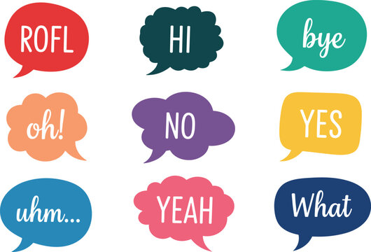Colorful speech bubble icon set with text expressions like ROFL, HI, Bye, Yes, No, Uhm, What for communication, online chat, and messaging applications.Colorful speech bubble icon set with text expres