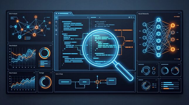 Futuristic data analysis interface showcasing graphs and algorithms.
