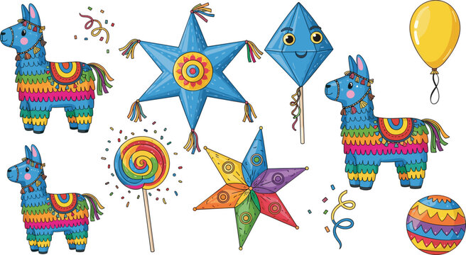 Colorful festive party decoration collection with pinata balloon candy and confetti vector illustration set