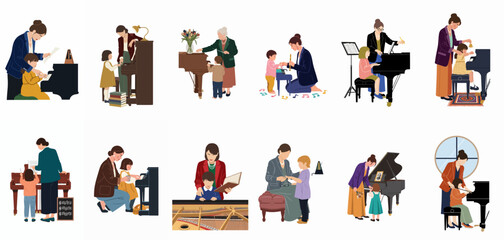 Collection of vector illustrations depicting music teachers guiding young children through piano lessons and musical education in various settings. © Siji