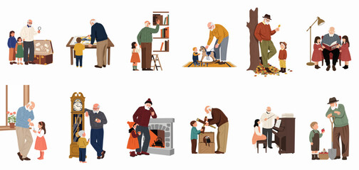 Set of flat vector illustrations depicting various heartwarming activities and bonding moments between a grandfather and his grandchildren in different indoor and outdoor settings. © Siji