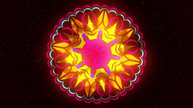 Abstract Floral Pattern with Vibrant Colors, Colorful Mandala, A complex abstract floral pattern composed of concentric circles in shades of yellow, pink, and turquoise.