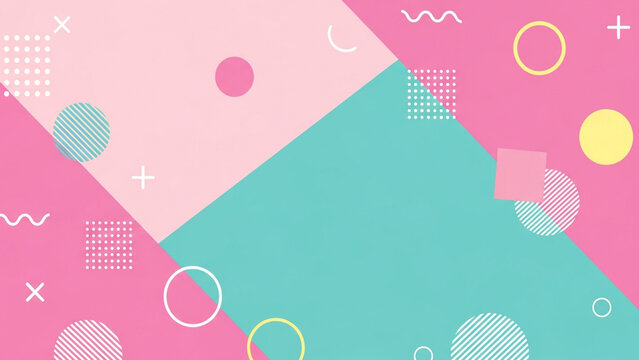 Abstract Memphis Style Geometric Background with Pastel Pink and Teal Colors, Featuring Playful Shapes, Dots, and Lines for Modern Graphic Design and Social Media Templates.