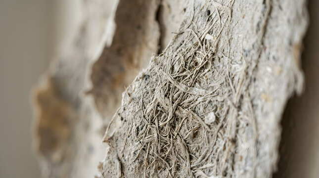 Close-up macro shot of textured concrete with embedded fibers, showcasing rough surface and construction material details