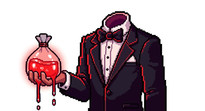 Mysterious headless man in tuxedo holding bloody liquid bag.