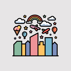 Obraz premium Colorful Cityscape with Rainbow Airplane and Ice Cream