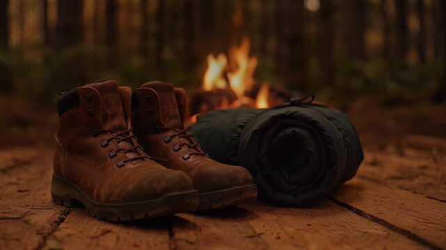 Well-worn leather hiking boots and rolled sleeping bag near a campfire in a forest setting