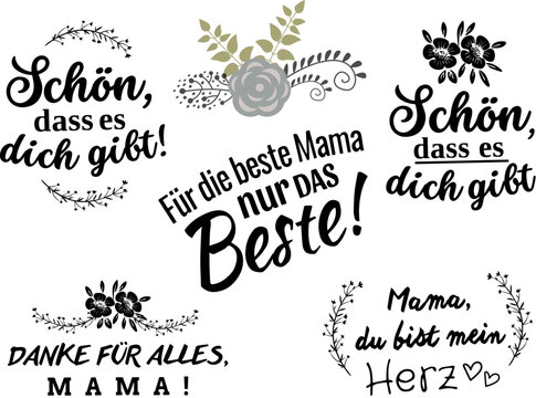 German Mother's Day vector icons and logo set with floral clipart and heartfelt lettering for holiday designs.