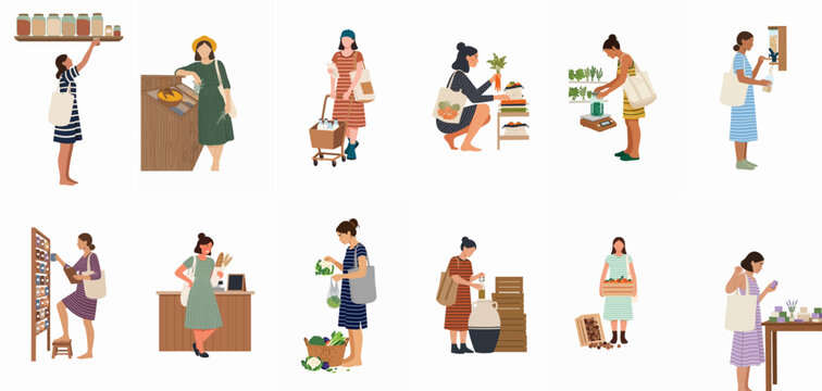Illustration set of women shopping at a zero waste store, using reusable bags and buying products in bulk for a sustainable lifestyle.