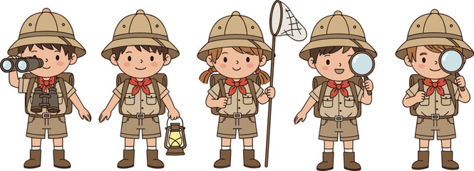 Cute explorer kids cartoon character set with safari outfit adventure tools vector illustration collection