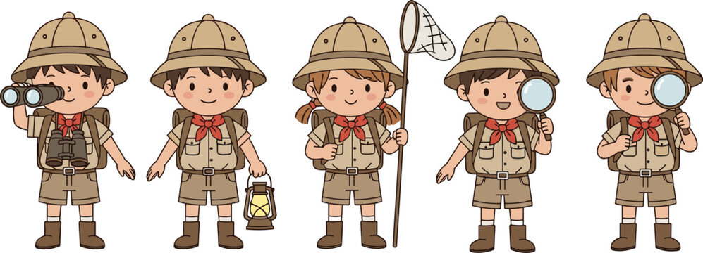 Cute explorer kids cartoon character set with safari outfit adventure tools vector illustration collection