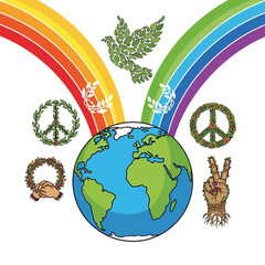 Naklejka premium Earth Holds Peace Dove Under Colorful Rainbow Symbols of Unity