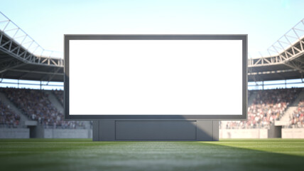 Fototapeta premium Large blank screen in a stadium with empty seats and green field, audience