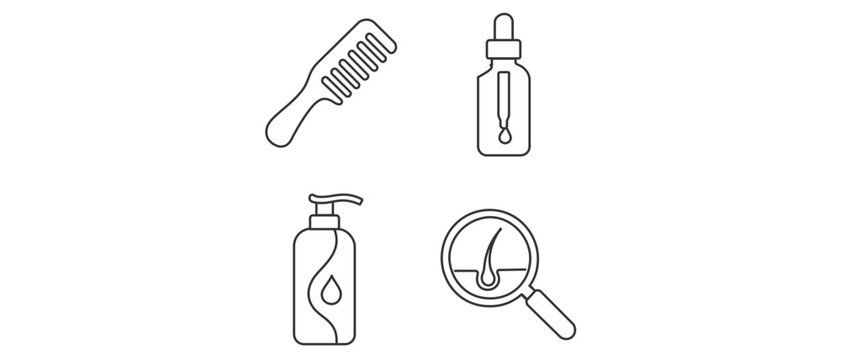 Hair Loss Treatment and Scalp Care Editable Stroke Vector Icon Set. Collection of 4 Icons Featuring a Hair Comb, Serum Dropper Bottle, Shampoo Pump, and Magnifying Glass for Follicle Analysis.