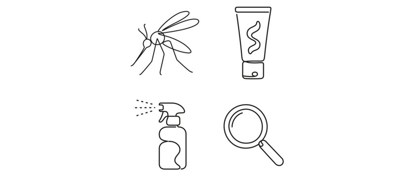 Mosquito Prevention and Insect Bite Relief Vector Icon Set with Editable Stroke. Collection of 4 Minimalist Icons: Mosquito, Ointment Tube, Bug Spray Bottle, and Magnifying Glass for Skin Care.