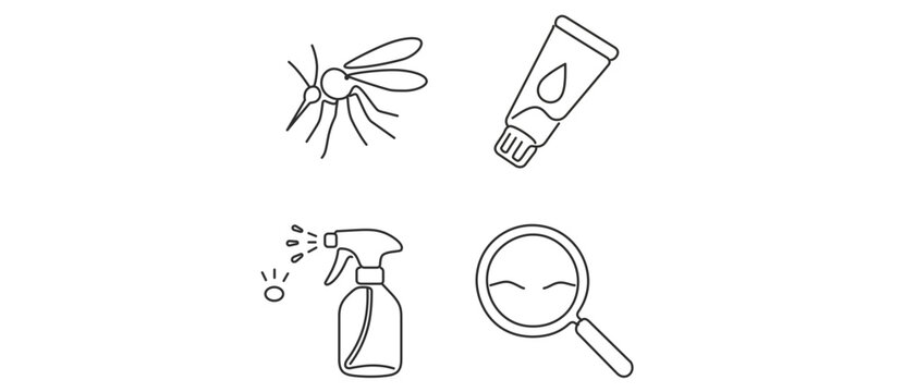 Insect Bite Relief and Mosquito Protection Editable Stroke Vector Icon Set. Collection of 4 Icons featuring a Mosquito, Ointment Tube, Spray Bottle, and Magnifying Glass for Skin Care Treatment.
