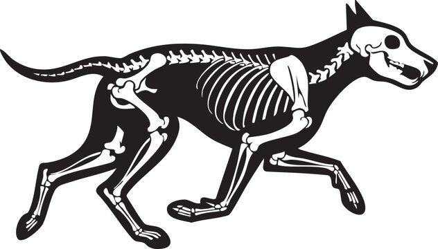 Dog skeleton running on white background with animal skeleton