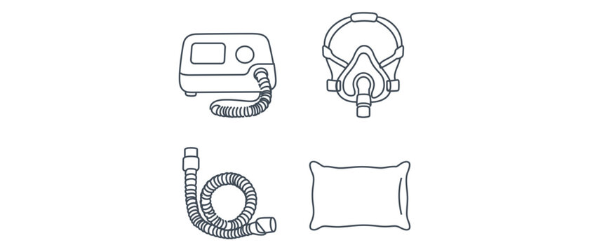 Sleep Apnea Treatment Vector Icon Set with Editable Stroke: CPAP Machine, Full Face Mask, Flexible Air Tubing, and Orthopedic Pillow for Better Night Rest and Respiratory Health Collection.